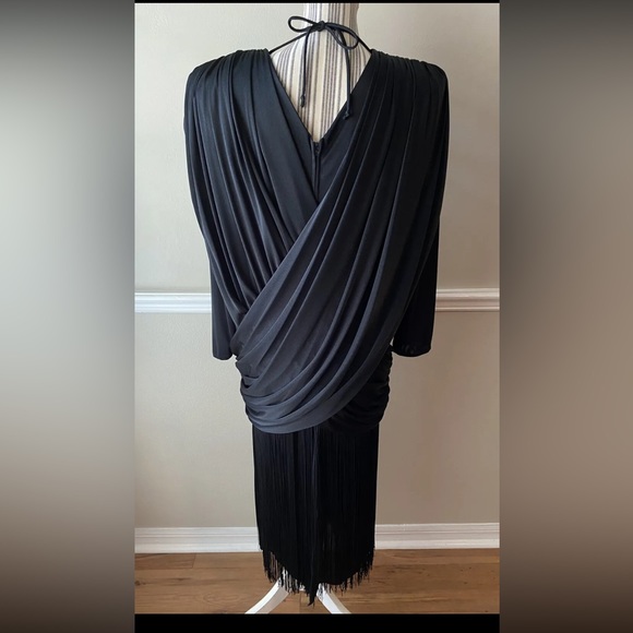 Vintage 1980s Nightworks Black Fringe Dress Wrap 80’s Plus Size 14 XL Dropwaist - Picture 2 of 12